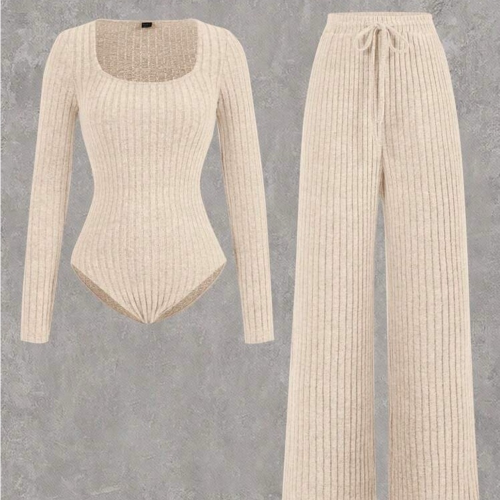 Cream Wide Leg Pants with High Waist and Textured Knit